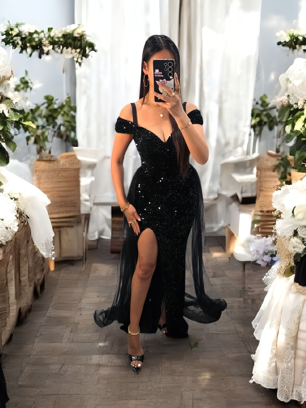 Elegant Black Off-Shoulder Sequin Evening Dress